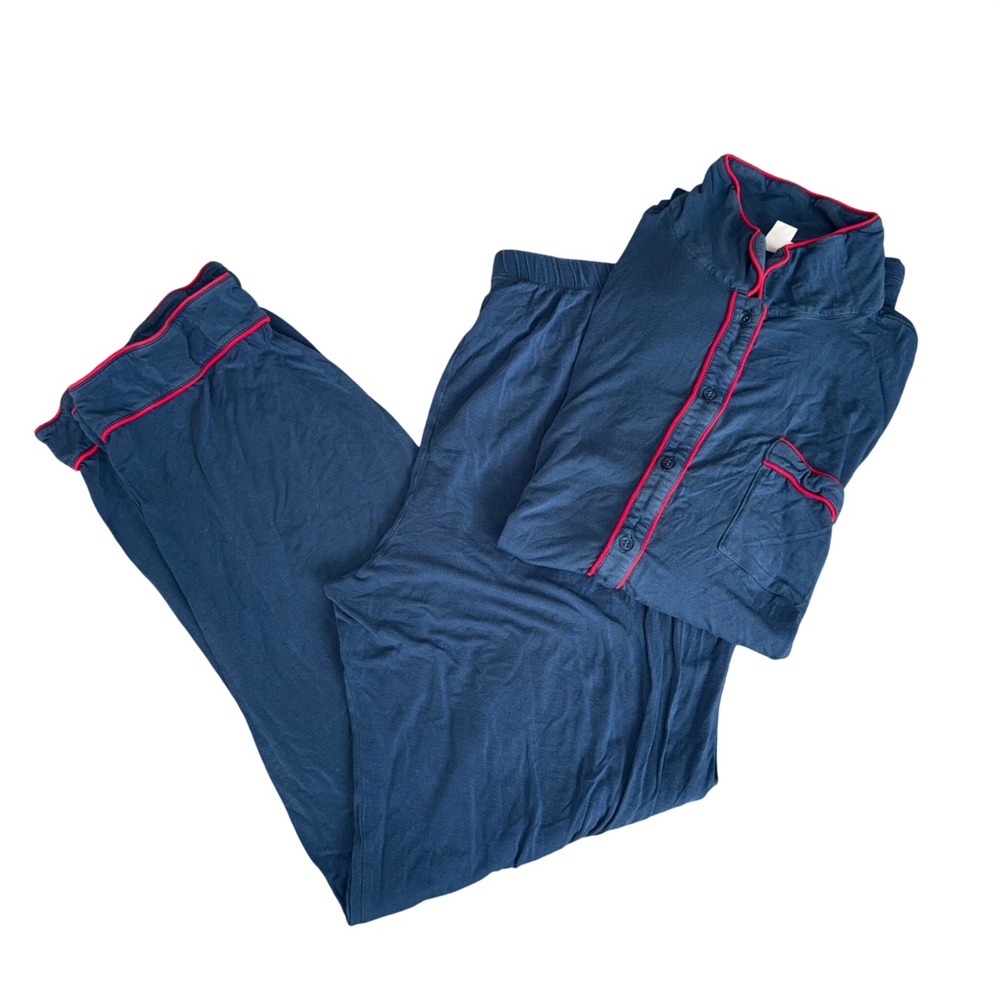 Lake Pajamas Set Women XL Navy Blue Red Piping Modal Long Sleeve Pants Excellent